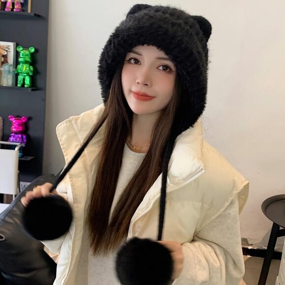 Women Black 2 Winter Sherpa Beanie Hats Knit Ear Flaps Peruvian Cover Ears main image 8